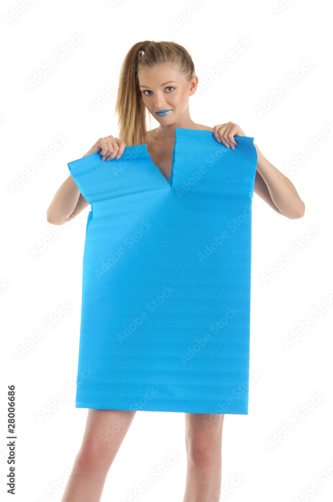 Young woman with blue sheet of paper Young woman with blue sheet of paper