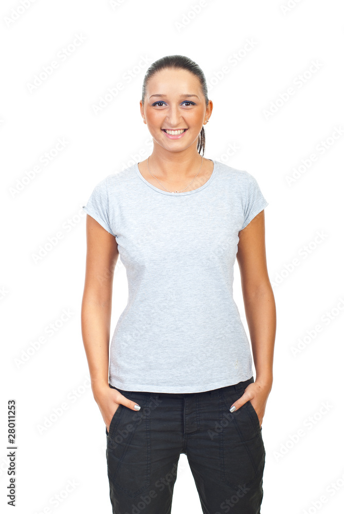 Obraz premium Beauty woman in blank gray tshirt