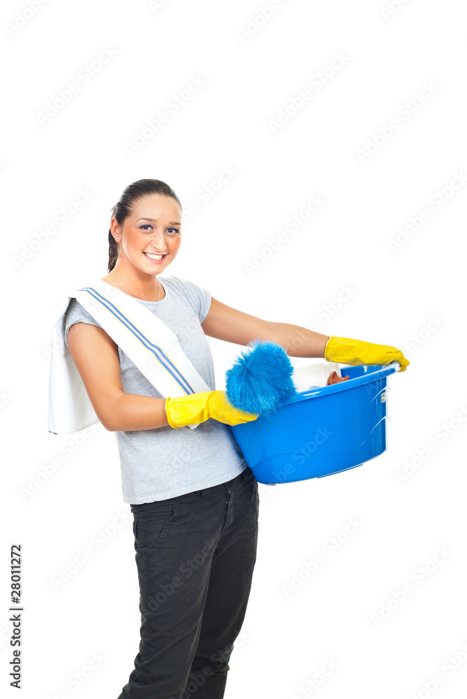Happy housewife preparing for housework Happy housewife preparing for housework