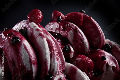 ice cream with strawberries and blackcurrants