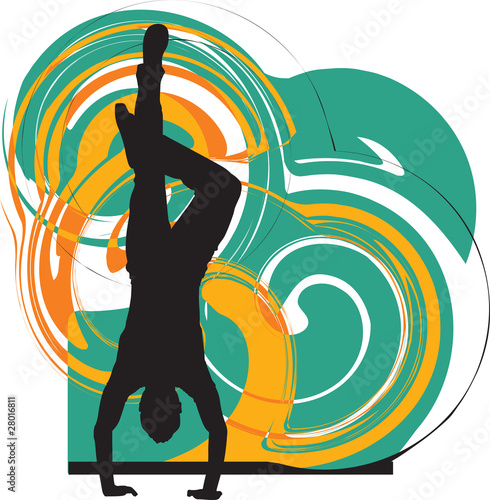 Breakdancer dancing on hand stand silhouette
