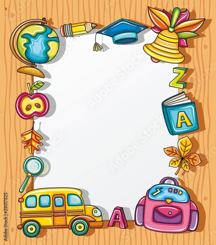 Frame with colorful school icons,  wooden background