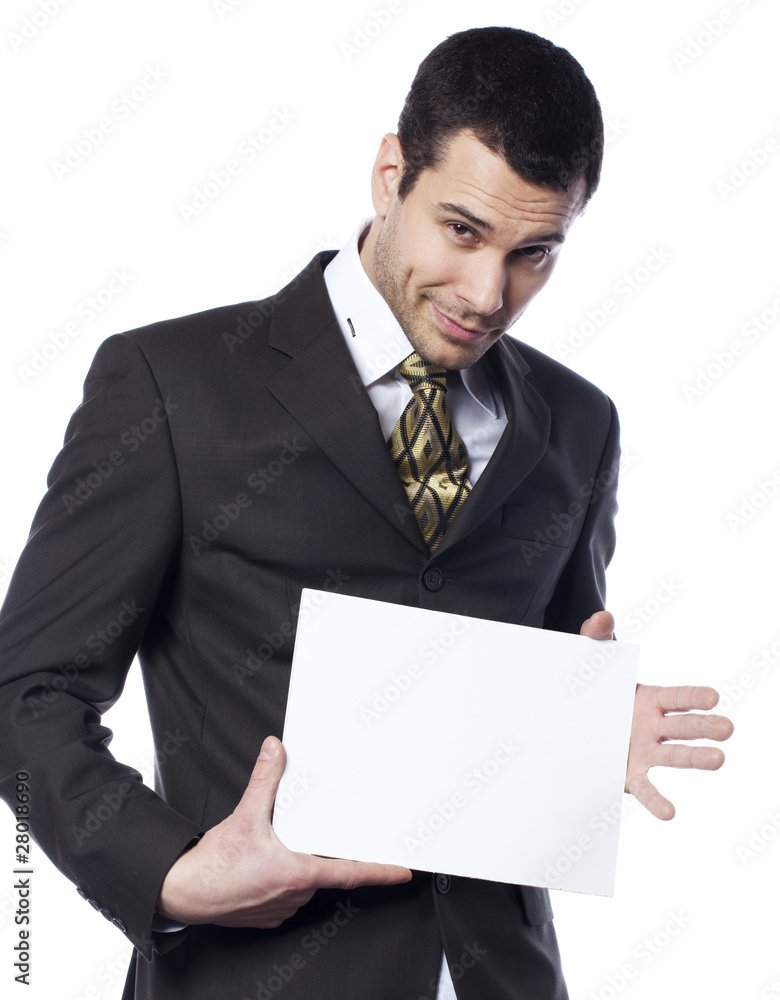 entrepreneur incertain avec annonce sur écriteau entrepreneur incertain avec annonce sur écriteau