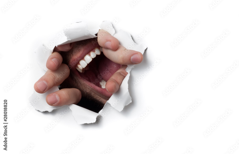 Naklejka premium A man shouting through a hole