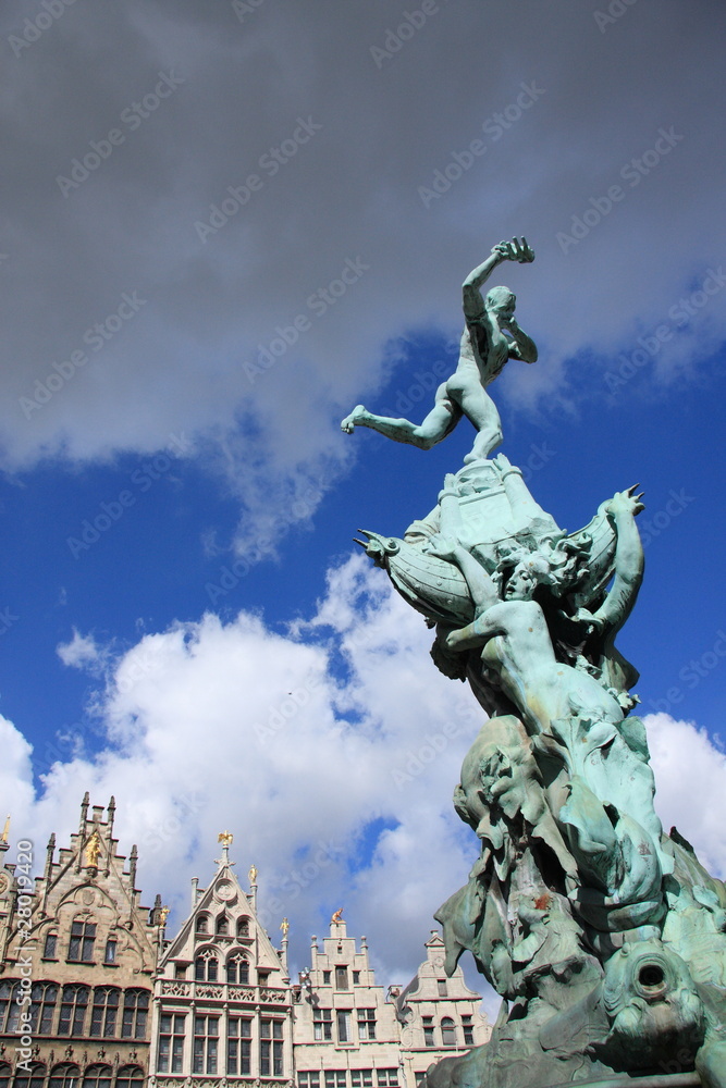 historic medieval statue and buildings in Antwerp, Belgium