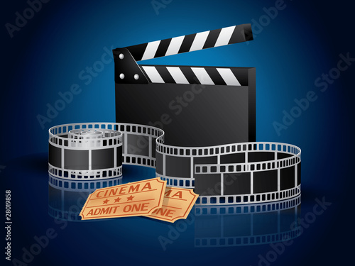 Twisted moviefilm, tickets and clapper board- blue background