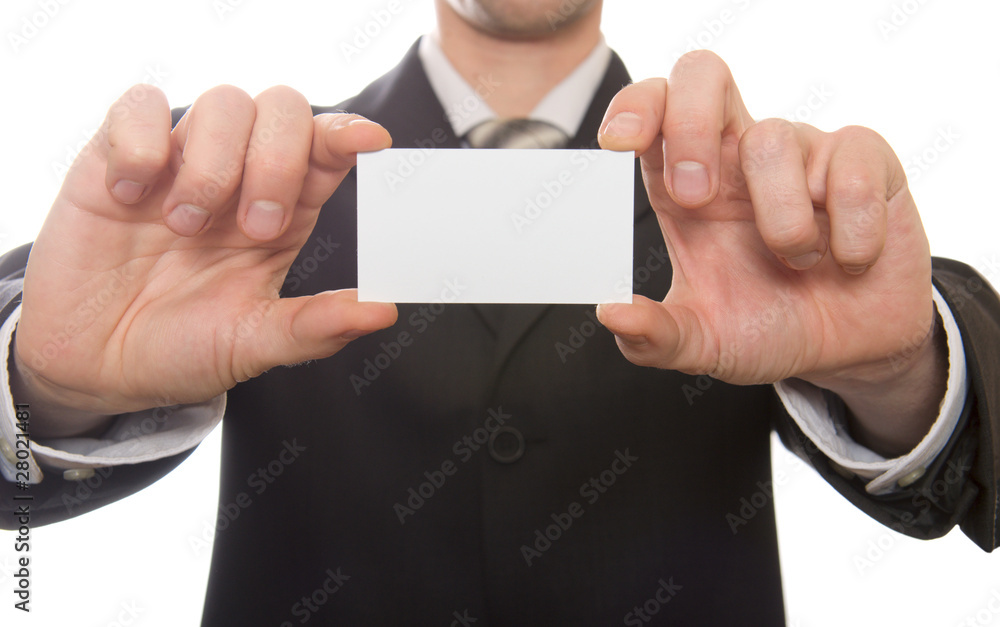 Business man handing a blank business card over white Business man handing a blank business card over white