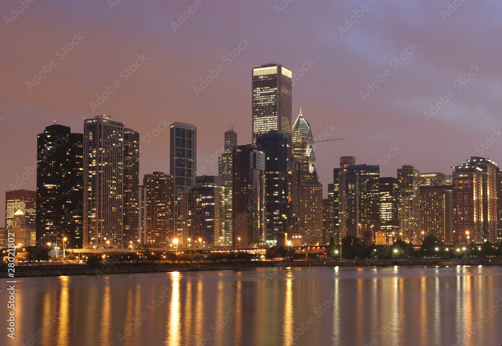 Chicago skyline and Michigan Lake at night