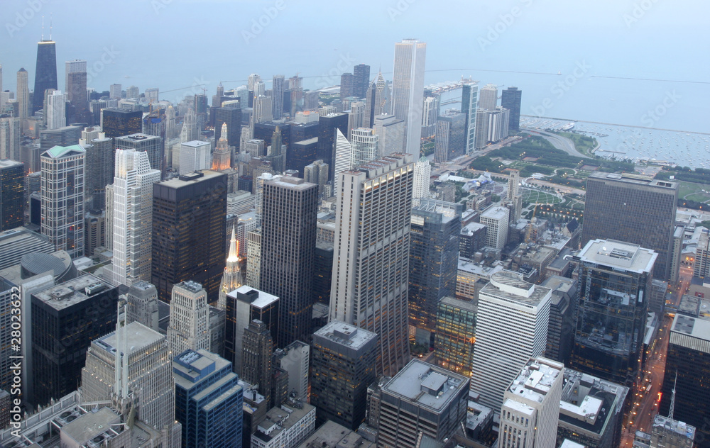 Chicago skyline and Michigan Lake, aerial view