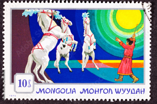 Mongolia Stamp Standing Rearing Horses Performing Circus Trainer