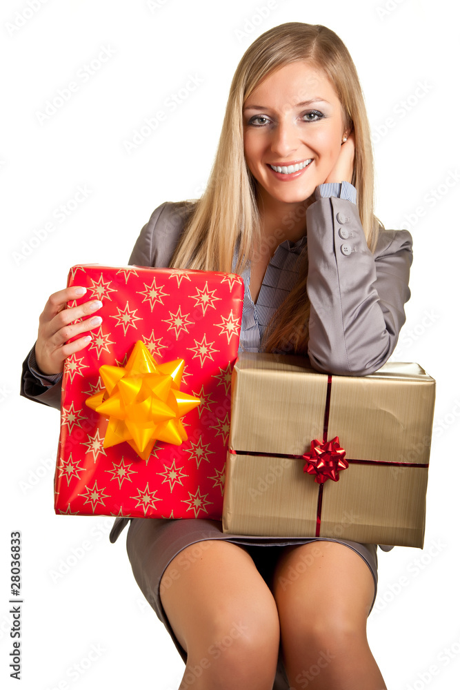 Blond caucasian woman in formal dress with gift boxes isolated Blond caucasian woman in formal dress with gift boxes isolated