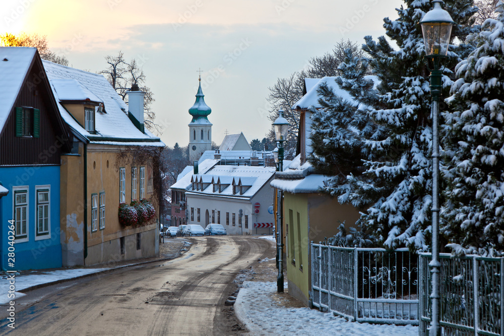 Fototapeta premium village of Grinzing in early morning light in Wintertime