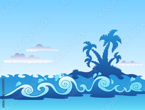 Seascape with palm island and waves