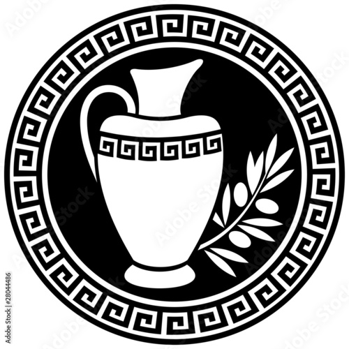 Ancient Greek amphora and olive branch in the frame with a meand