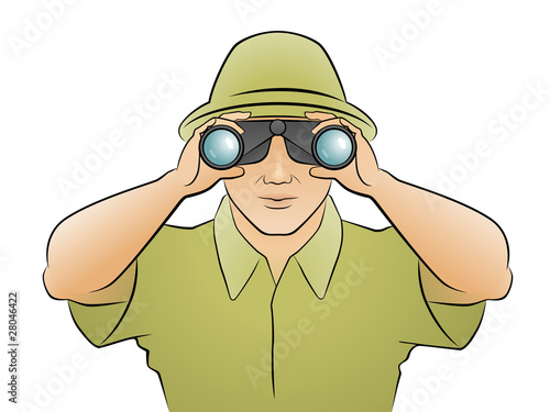 Traveler man in green hat looking through binoculars