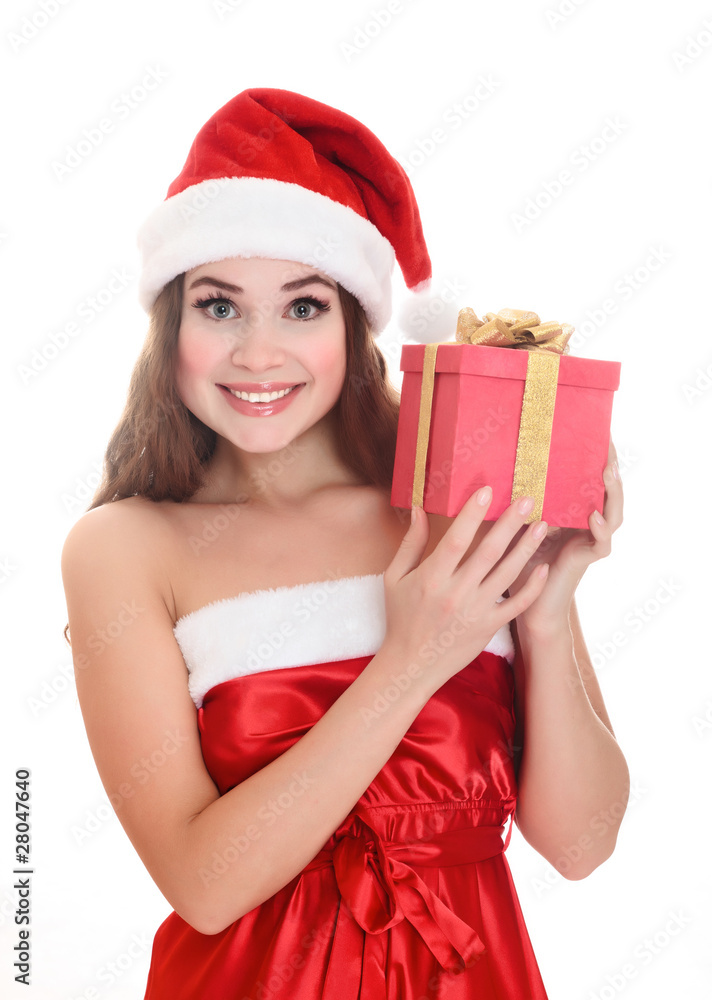 Cheerful santa helper girl with big gift box. Cheerful santa helper girl with big gift box.