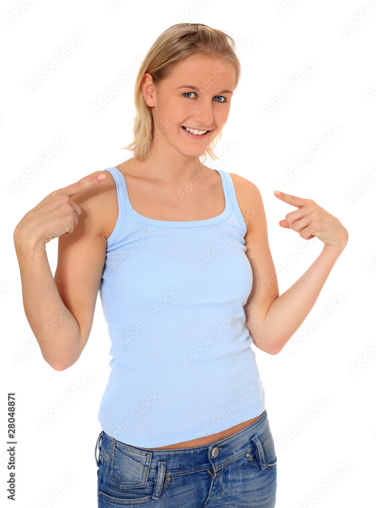 Junge Frau zeigt auf sich selbst Junge Frau zeigt auf sich selbst