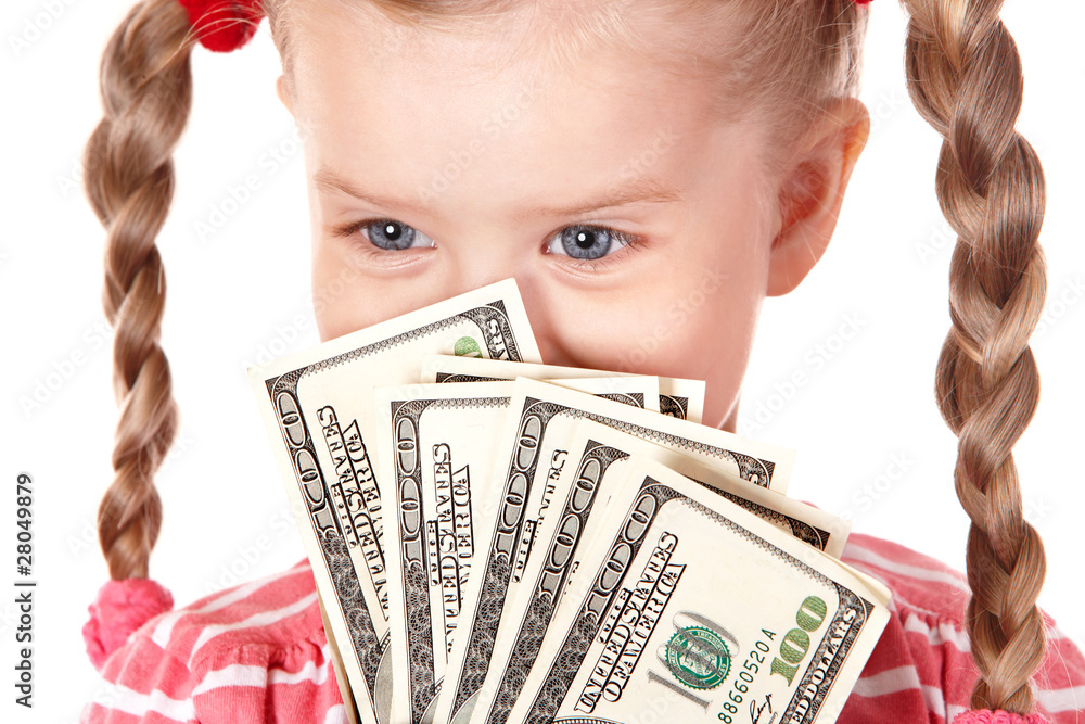Happy child holding money dollar. Isolated. Happy child holding money dollar. Isolated.