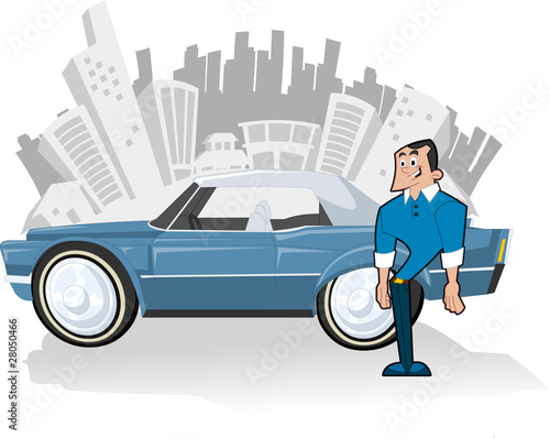 Man with Blue convertible car and city on the background