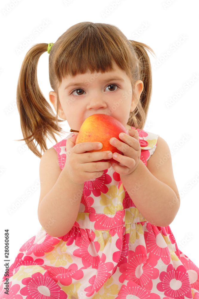Little girl eating yellow apple, isolated on white Little girl eating yellow apple, isolated on white