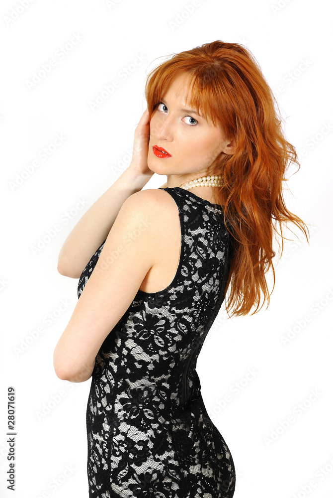 Beautiful red haired woman in lace black dress and red lips. iso Beautiful red haired woman in lace black dress and red lips. iso