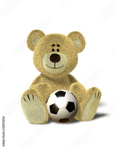 Nhi Bear sits with soccer ball