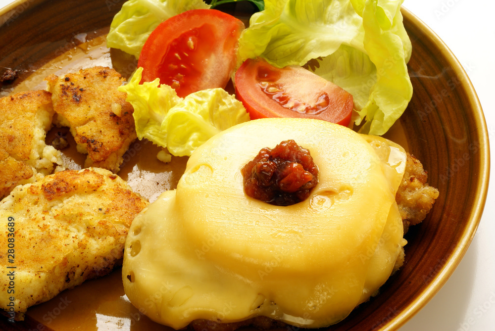 Pork Steak “Hawaii” with Pineapple grated with cheese Pork Steak “Hawaii” with Pineapple grated with cheese