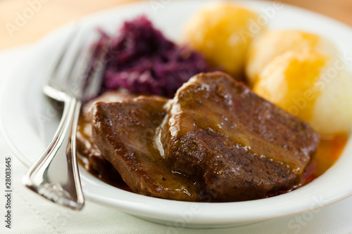 Roast Beef with Potato Dumplings and Red Cabbage