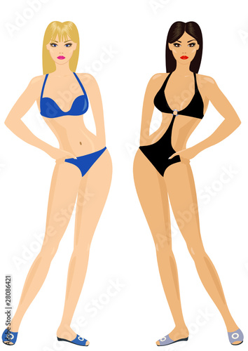 blonde and brunette in bikini fashion