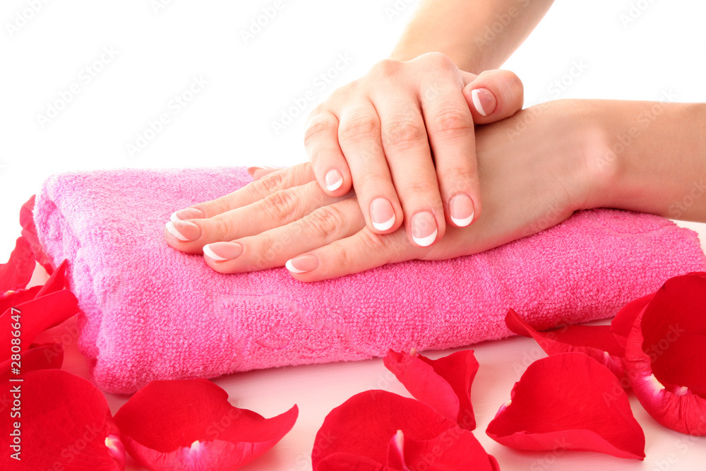 Beautiful woman hands with french manicure and rose petals on pi