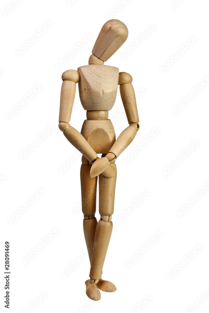 Wooden mannequin looking bashful isolated on white Wooden mannequin looking bashful isolated on white