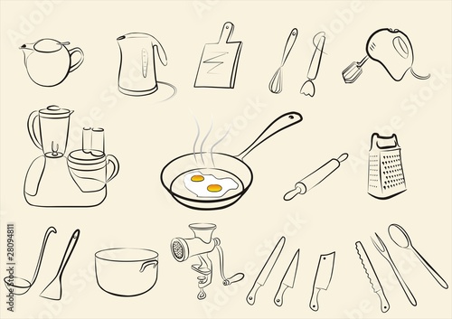 set of isolated tableware and kitchen tools sketch