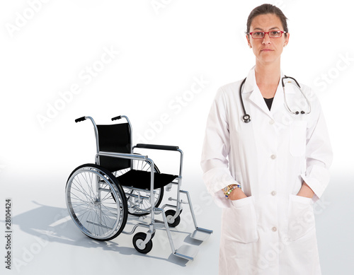 Serious doctor and wheelchair