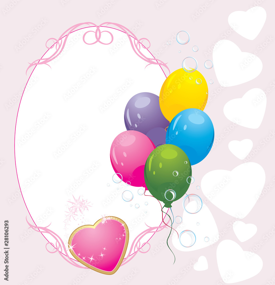 Colorful balloons with hearts. Valentines card. Vector