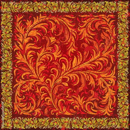 abstract cracked red background with floral ornament