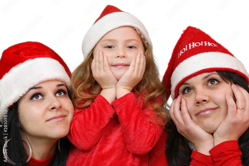 Xmas background: girlfriends in santa cap Xmas background: girlfriends in santa cap