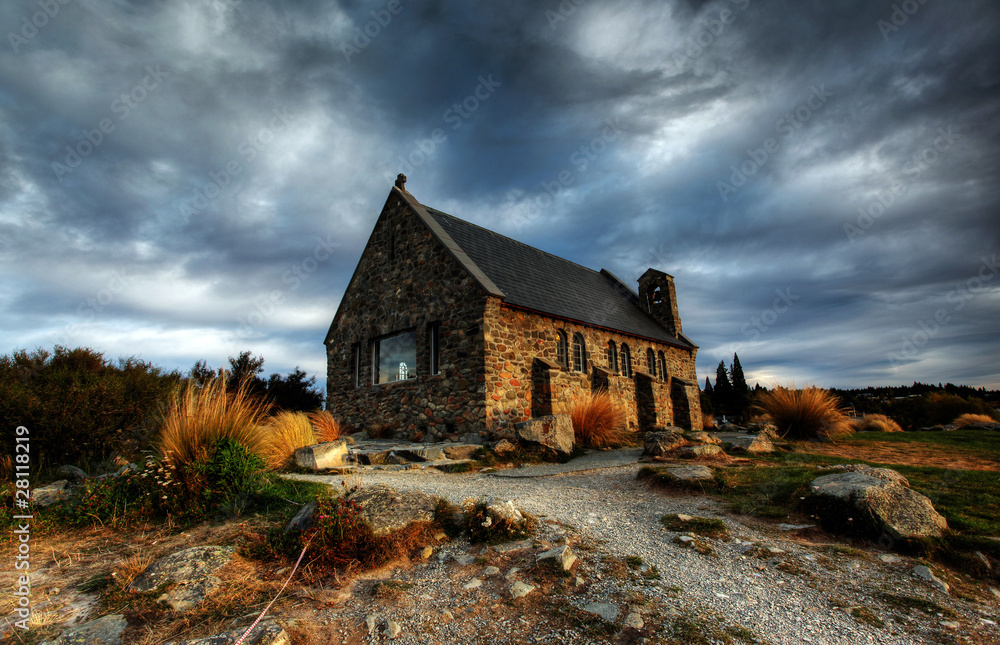 church by a glacier lake