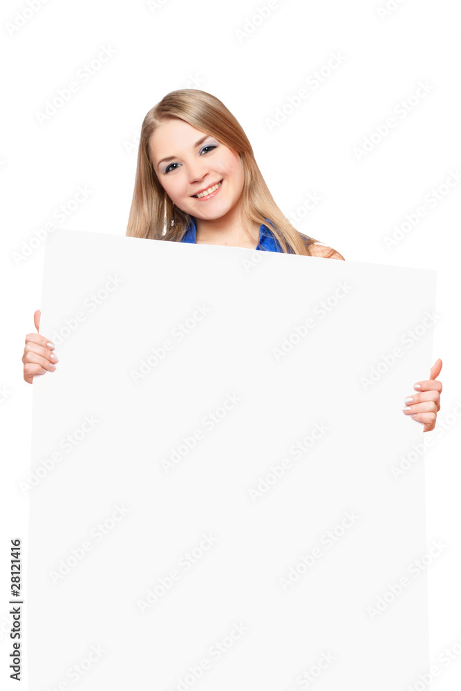 Joyful young woman posing with white board Joyful young woman posing with white board