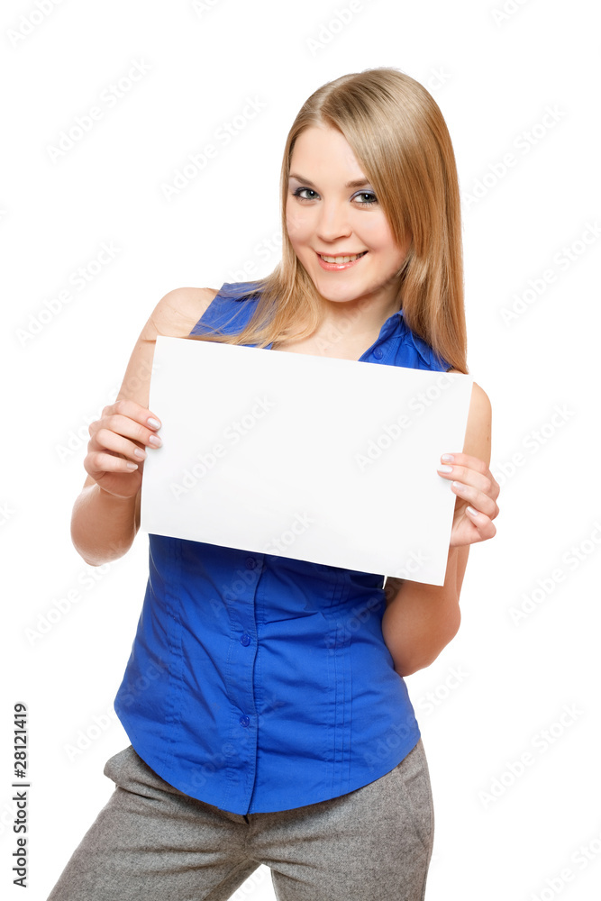 Cheerful young woman holding empty white board Cheerful young woman holding empty white board