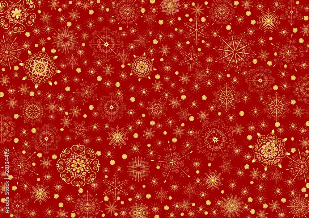 Many gold stars and snowflakes on a claret background