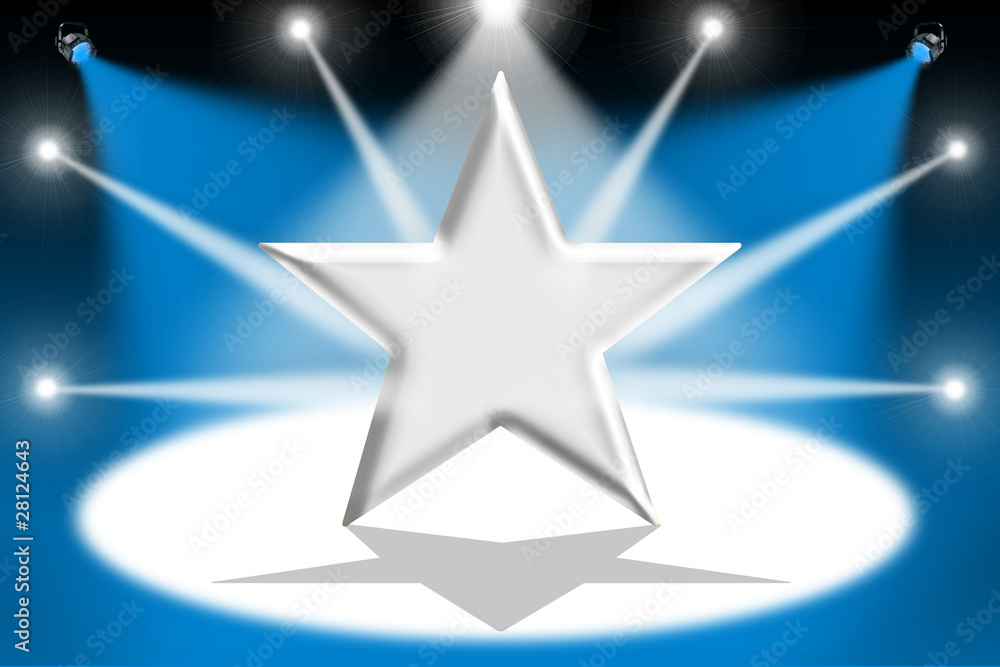 Silver star with light beams - Blue background Silver star with light beams - Blue background