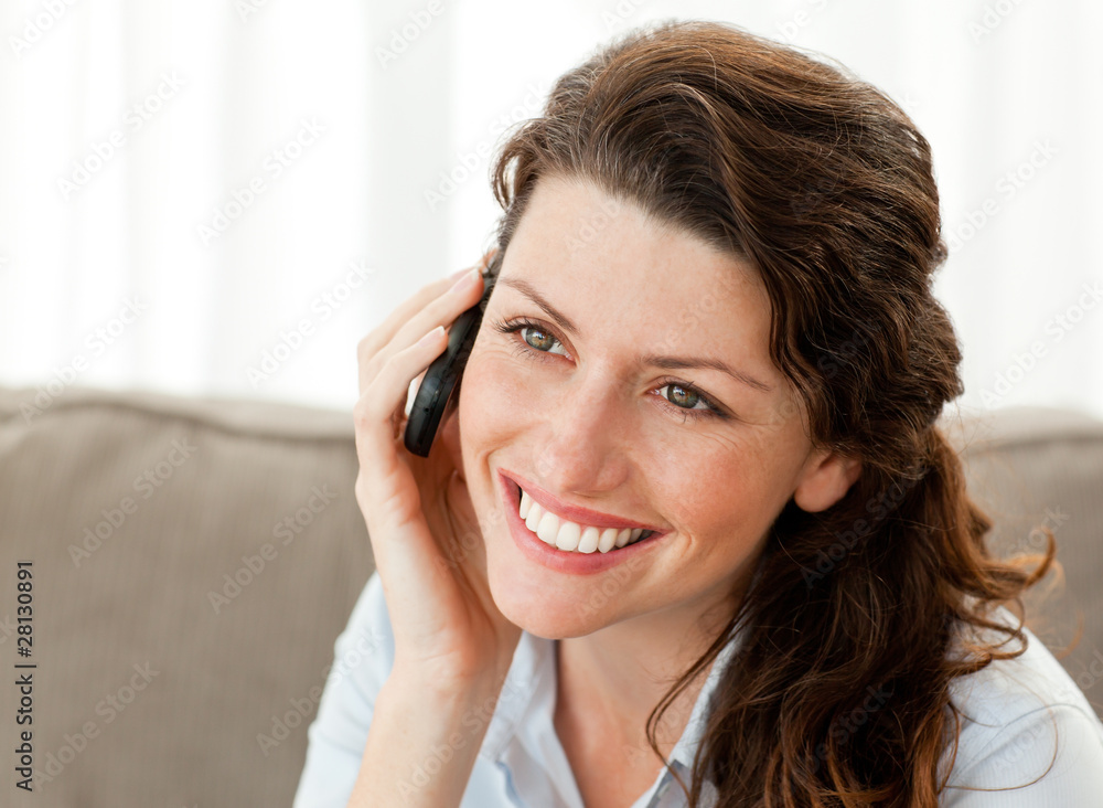 Pretty businesswoman talking on the phone at home Pretty businesswoman talking on the phone at home