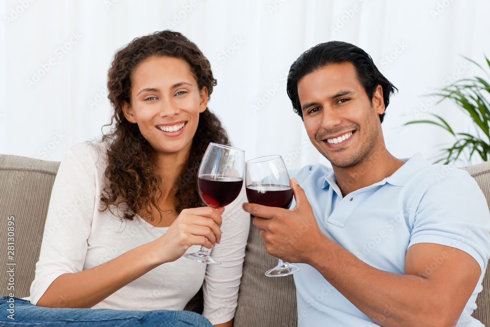 Portrait of a couple clinking glasses of red wine on the sofa Portrait of a couple clinking glasses of red wine on the sofa
