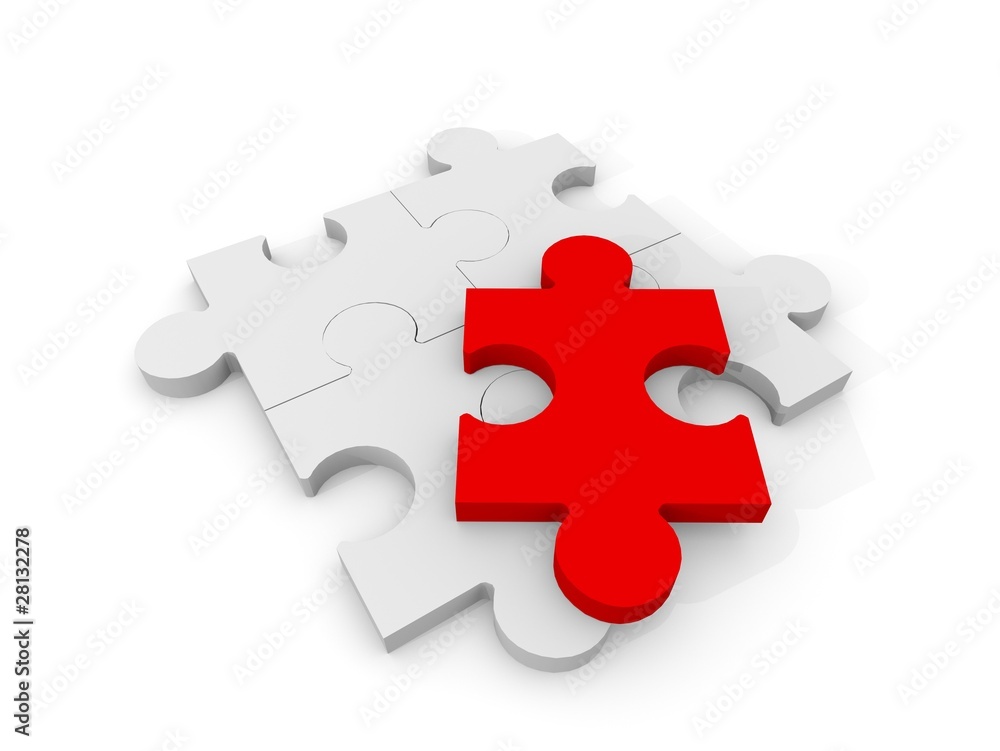 4 Puzzle pieces with a red piece on top 4 Puzzle pieces with a red piece on top