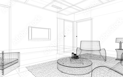 salotto rendering 3d wire illustrazione divano photo