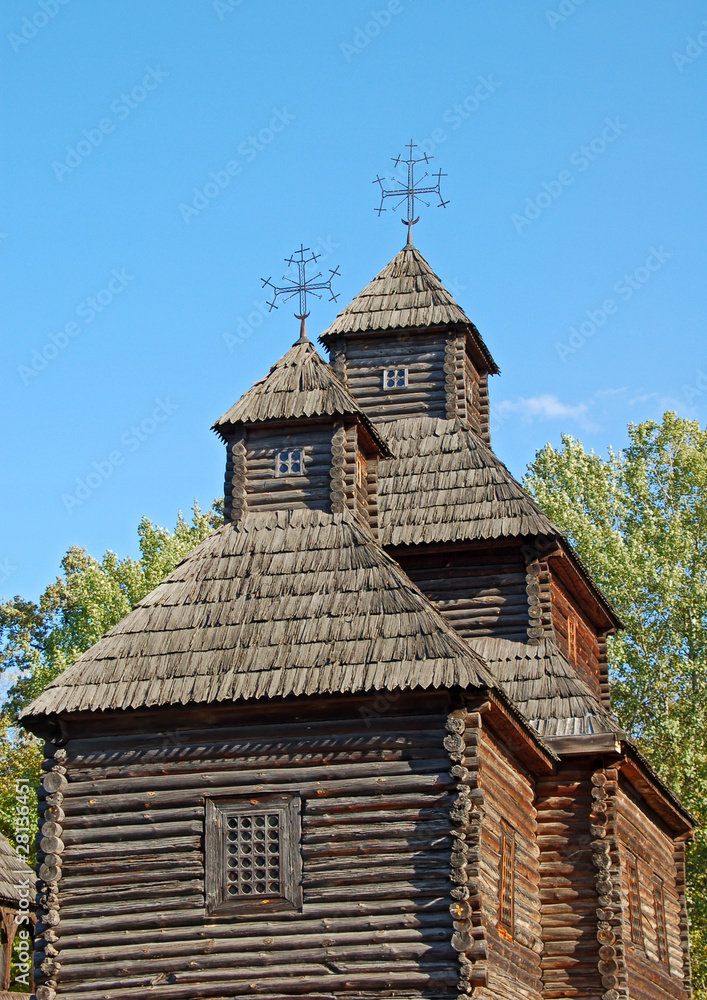 Antique traditional wooden church, Pirogovo, Kiev, Ukraine