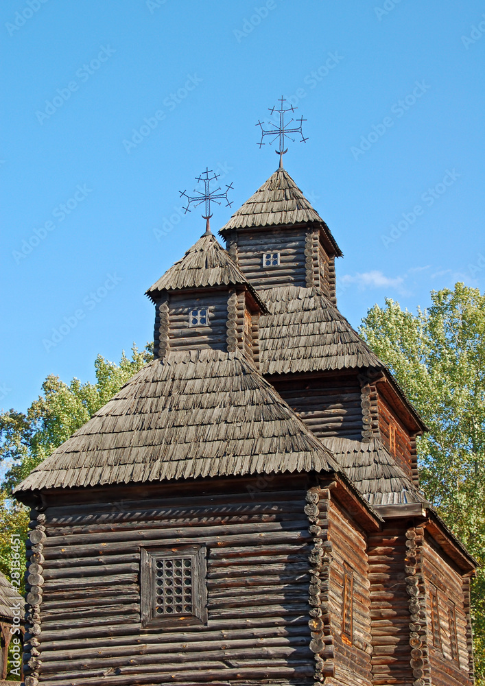 Antique traditional wooden church, Pirogovo, Kiev, Ukraine Antique traditional wooden church, Pirogovo, Kiev, Ukraine