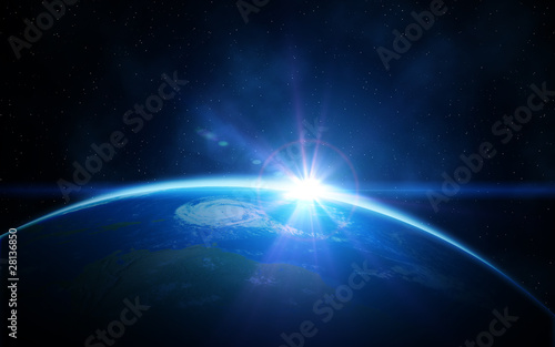 Planet earth with sunrise in space