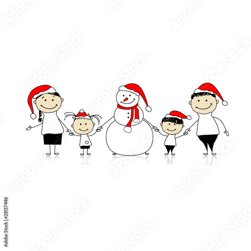 Happy family and snowman, christmas holiday