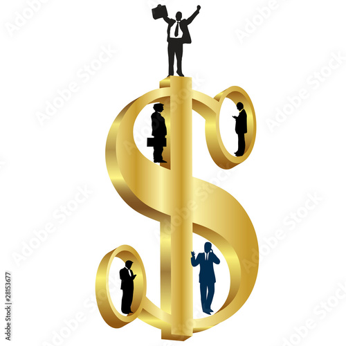 Golden dollar symbol with people silhouettes.Vector